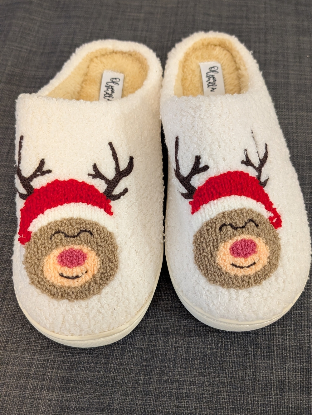 Olivia Miller Cream Reindeer Slip-On Slippers with Red Hats